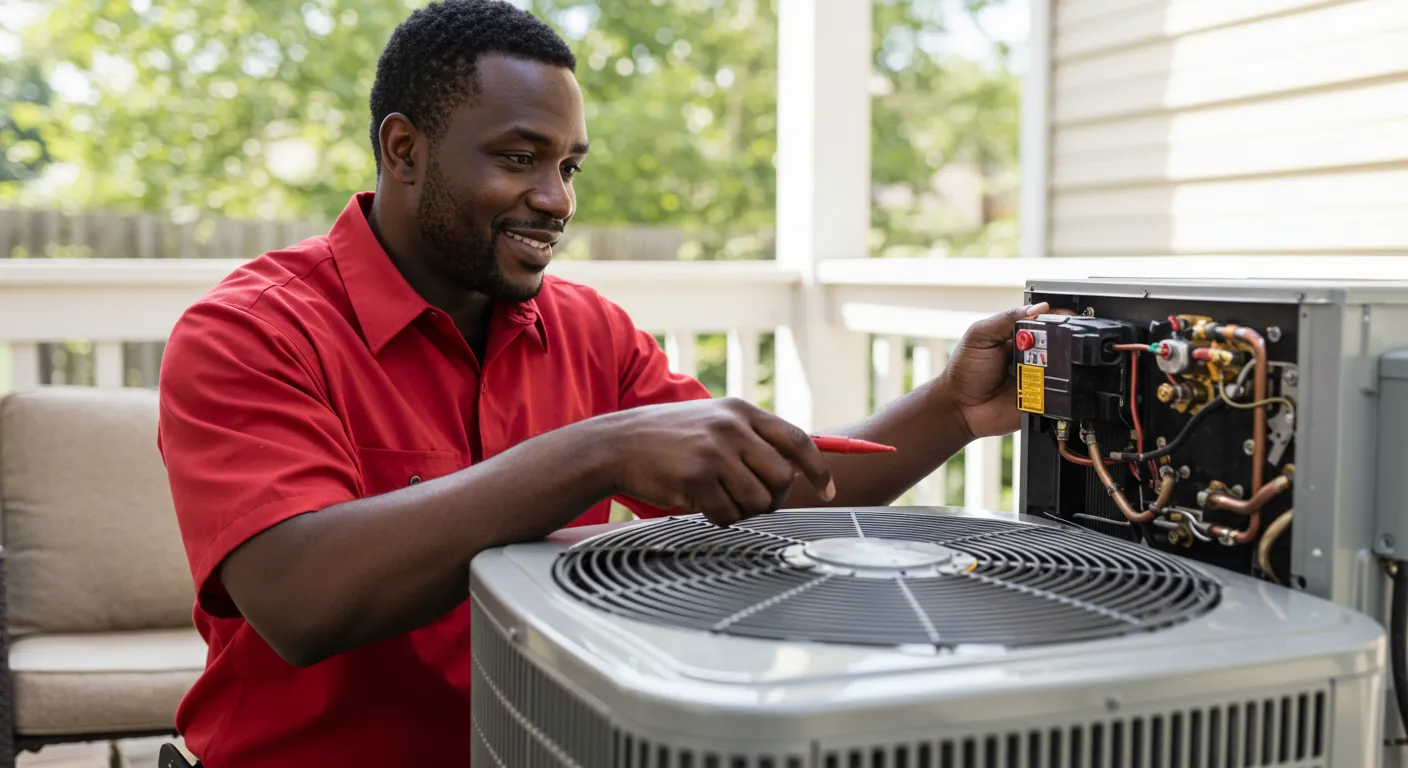 Technician in red shirt repairing outdoor AC unit near patio with greenery in background