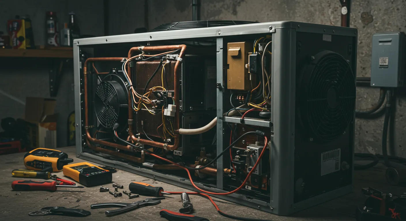 A disassembled air conditioning unit revealing copper tubing, wires, and tools on a workbench in a dimly lit garage.