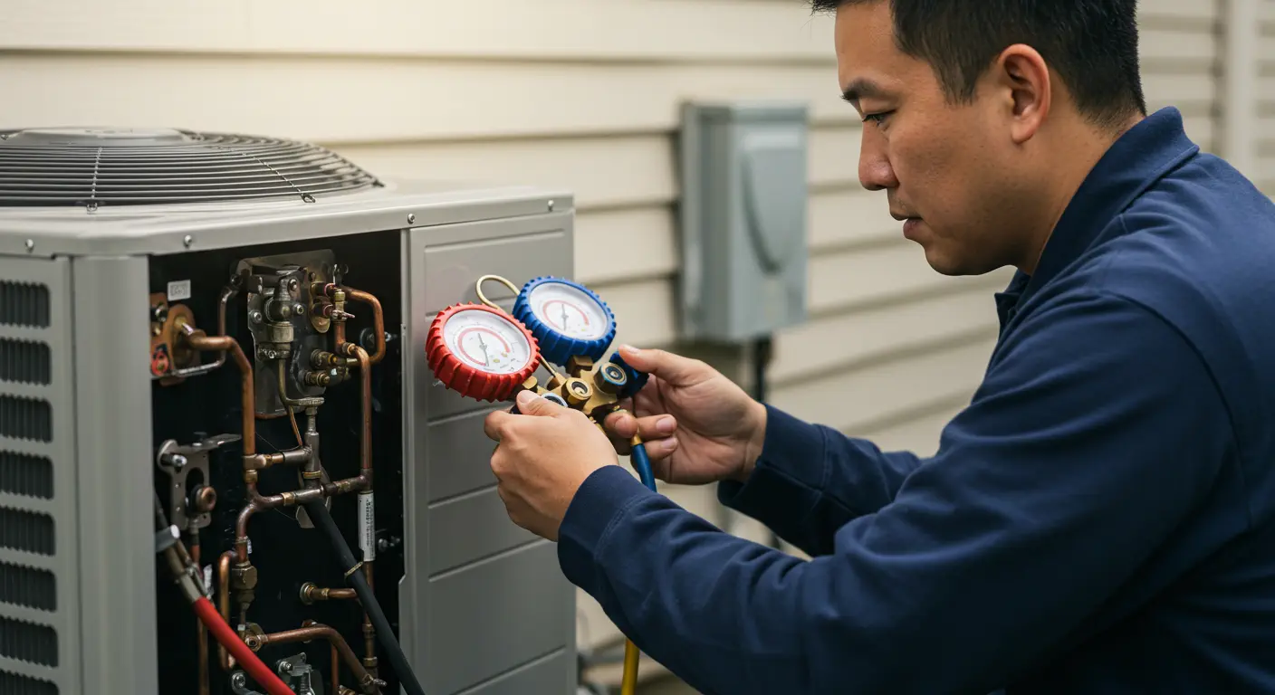 A technician inspects an air conditioning unit, using pressure gauges to check the system’s performance and efficiency.