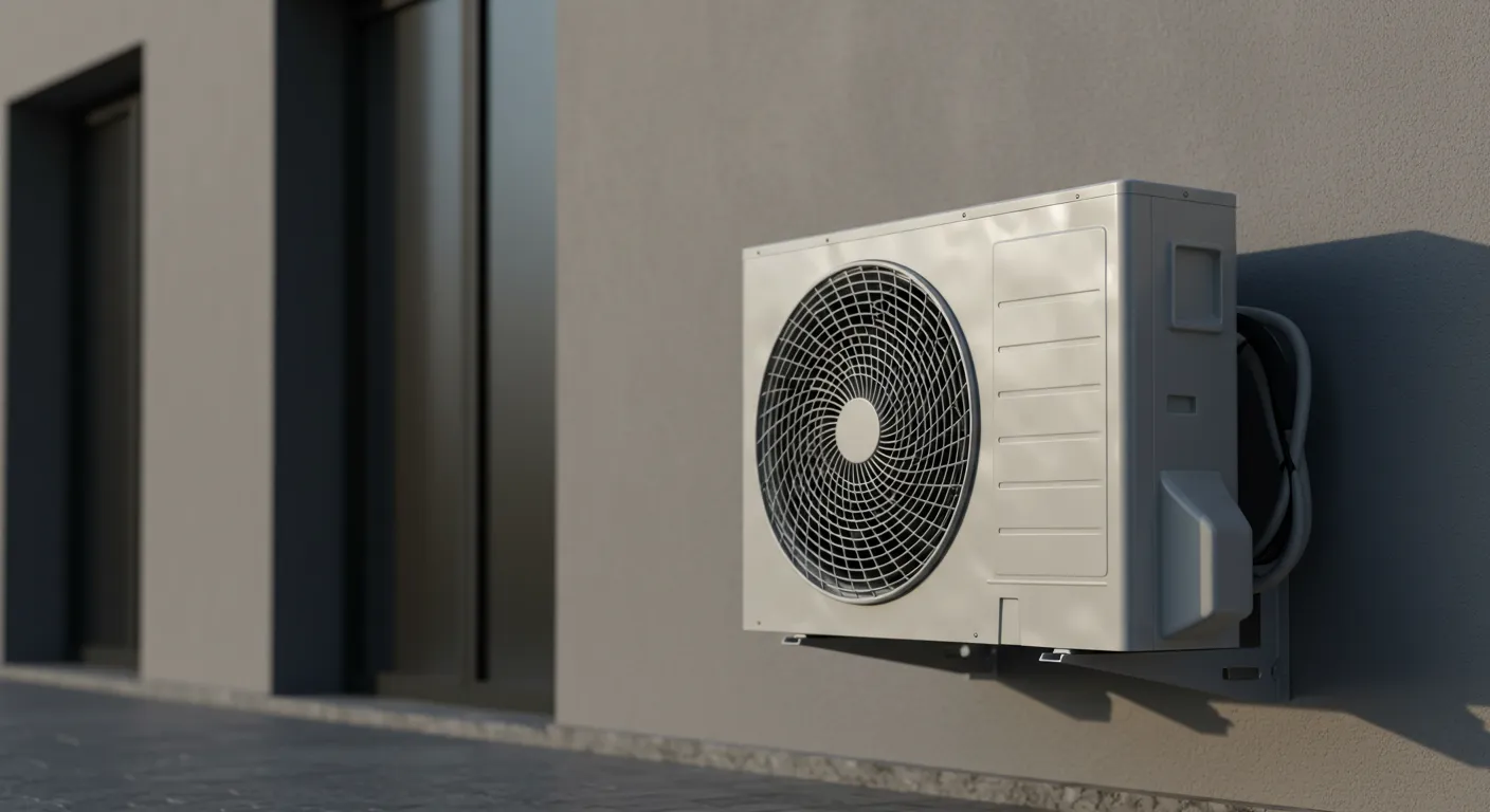 Wall-mounted outdoor AC unit with central fan and connected cables and pipes