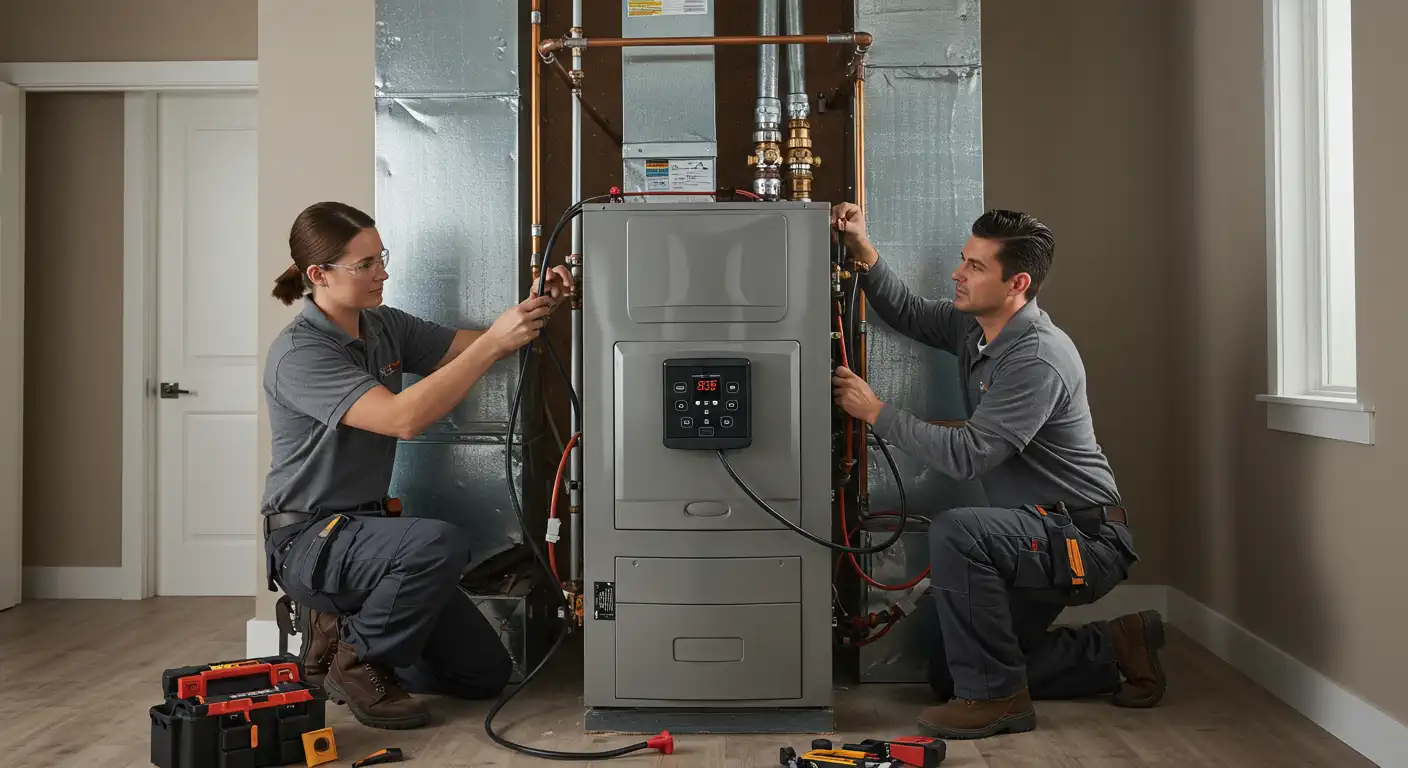 Two technicians work on installing a modern heating system, using tools and equipment in a well-lit, home environment.