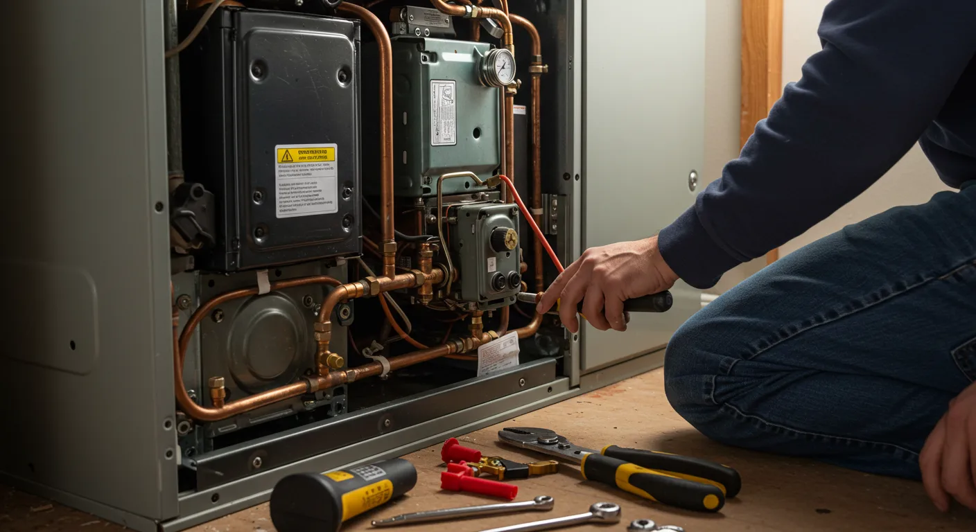 A technician inspects the internal components of a heating unit, using tools and examining copper pipes and electrical elements.