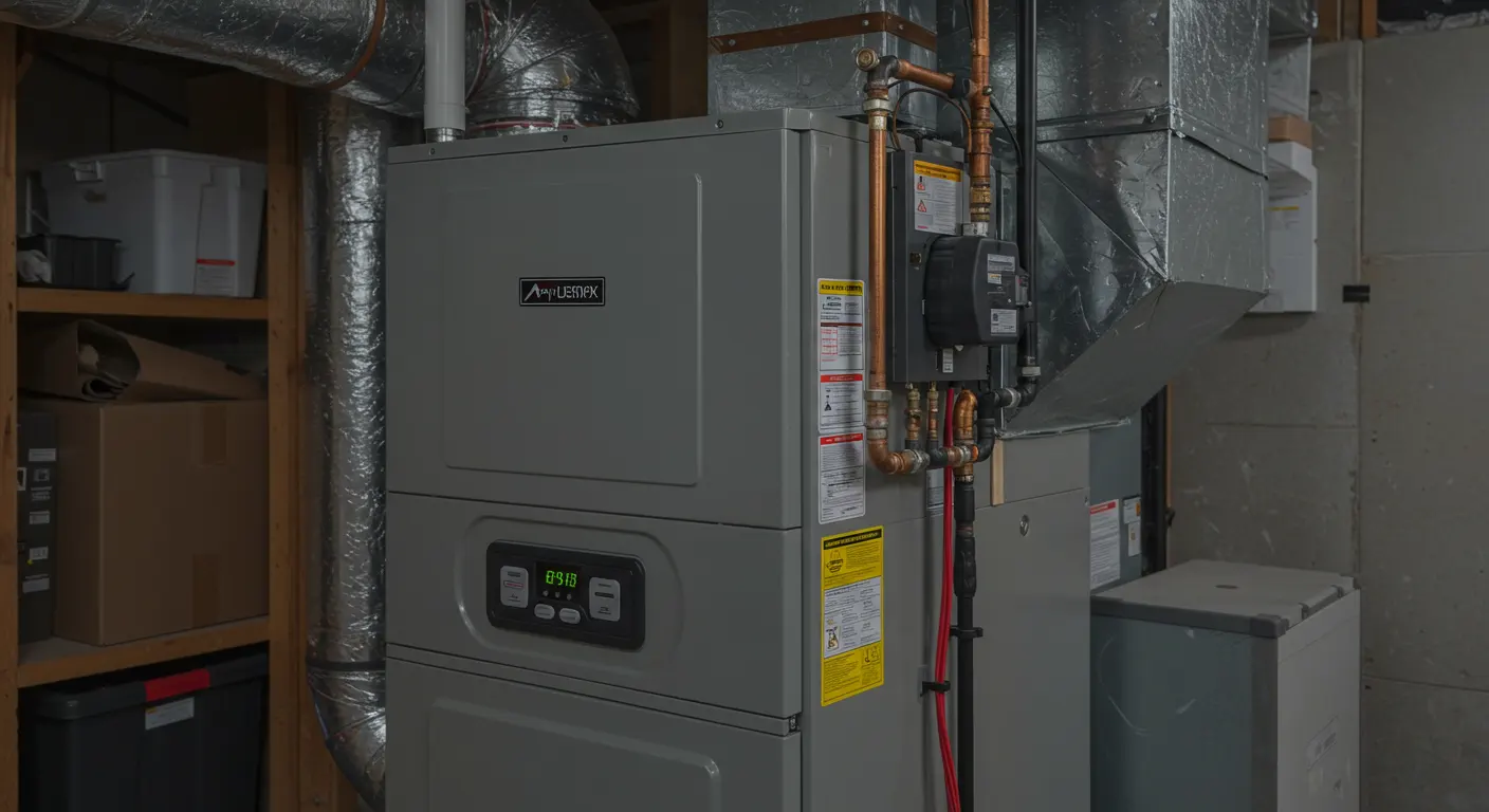 Gray furnace with a digital display and pipes, surrounded by insulated ductwork in a basement environment.