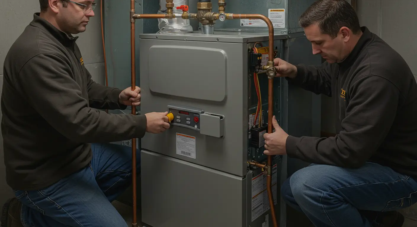 Two technicians are working on a gas boiler, adjusting pipes and controls in a residential setting.